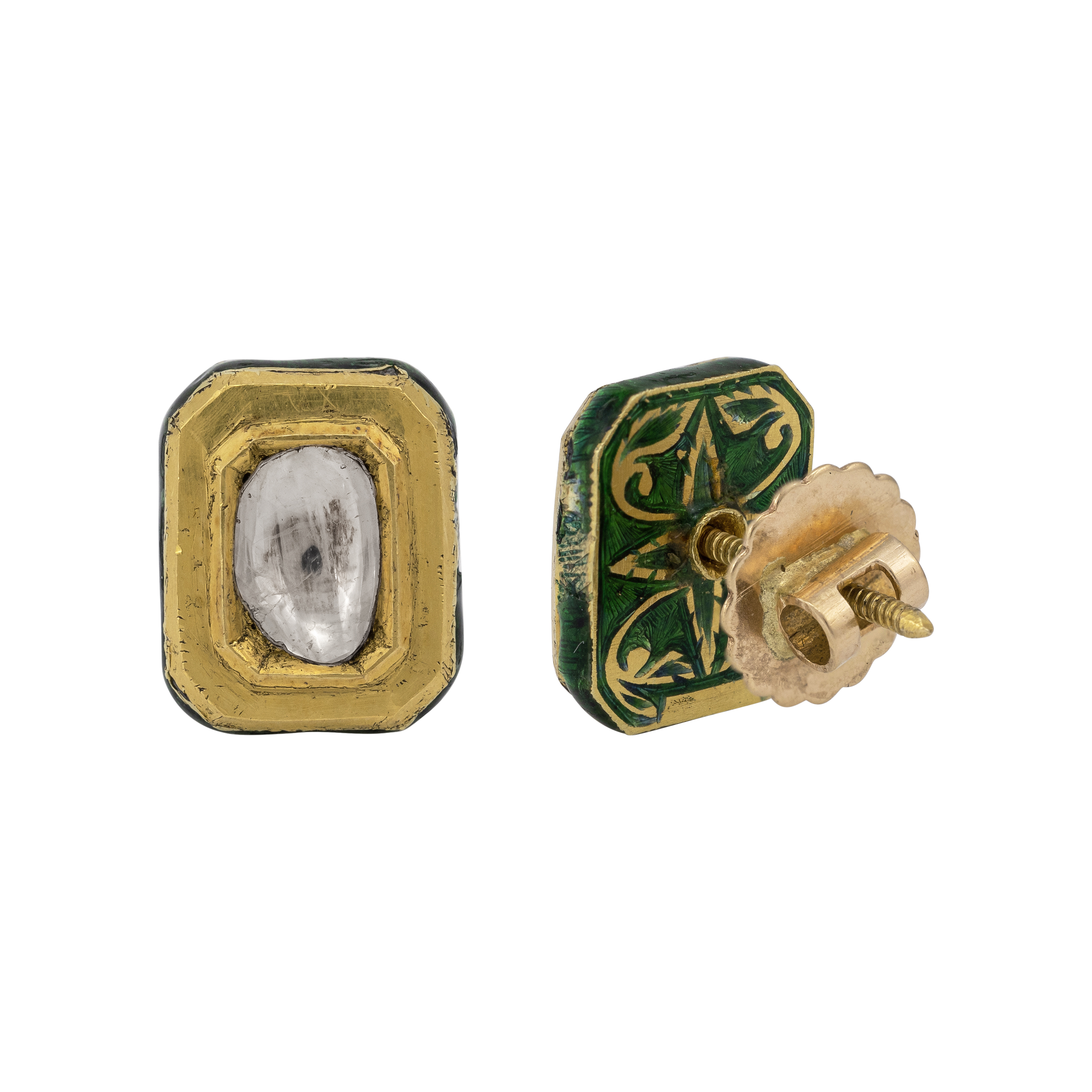Rectangular Polki Stud Earrings in Gold Finish